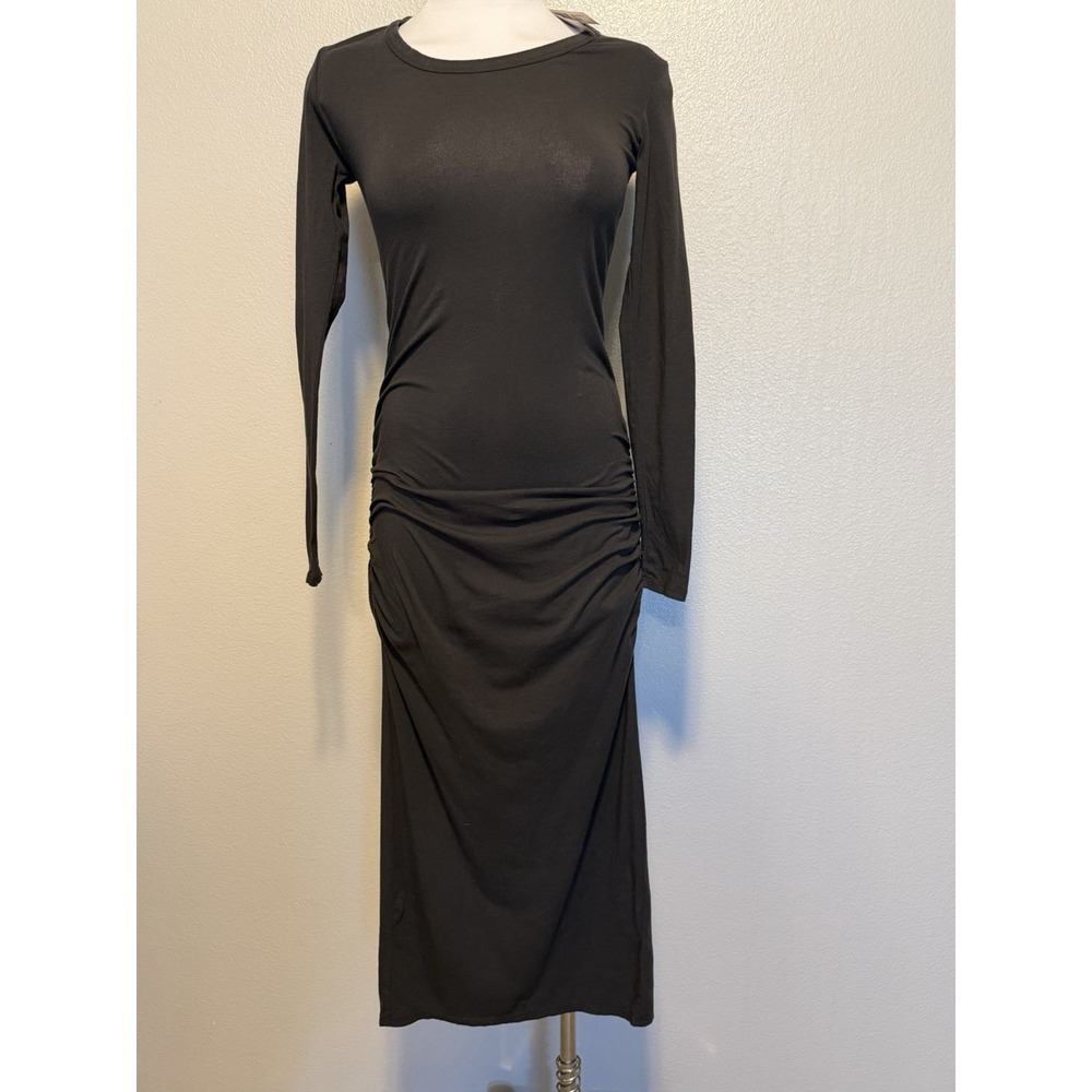 JAMES PERSE Ruched Scoop Neck Brown Midi Dress Long Sleeve Sz 1 NWT WJEH6887C